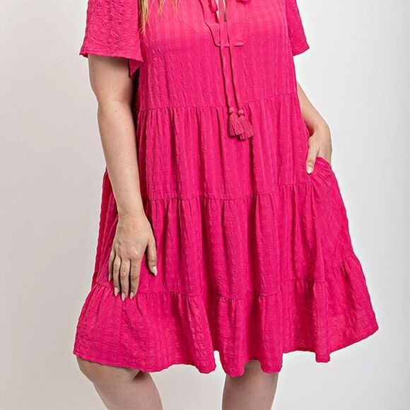 Plus Size Textured Woven Tiered Dress With Tassel Tie And Pockets - Picture 2 of 4